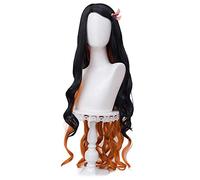 ydound Cosplay Wig Perruques Nezuko for Demon Slayer Anime Cosplay Perruques Longues bouclées Orange et Noires avec Capuchon