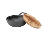 YDRCESMI Wok antiadhésif en fonte épaisse avec 2 poignées, couvercle en bois, poêle à frire avec base plate, non revêtue pour friture, sauté, gril à la vapeur, cuisine chinoise asiatique (20 cm)
