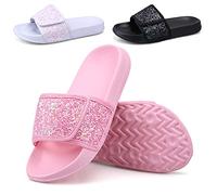 ydscsci Girls Slide Sandals Glitter Sequins Pool Sliders Kids Shower Slippers Beach Flip Flops Hook and Loop Non-slip Thick sole Little Kid