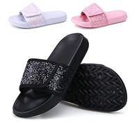 ydscsci Girls Slide Sandals Glitter Sequins Pool Sliders Kids Shower Slippers Beach Flip Flops Hook and Loop Non-slip Thick sole Little Kid