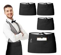 YdseozOA Lot de 4 tabliers de serveur à 3 poches, demi-tablier pour homme et femme, tablier de cuisine court pour cuisinier, boulanger, restaurant, serveur, travail, bar, café
