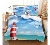 YDYRX Housse de Couette 140x200 Bord de mer Phare Rouge Parure de Lit, avec Fermeture Éclair e 2 Taies D'oreillers 65x65 cm, Literie Microfibre Douce, pour Enfants Garçons et Aux Filles