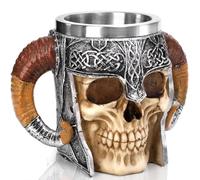 YDZYFFS Tasse A Cafe - Verre A Eau - Mug, Chope À Bière 3D En Acier Inoxydable Avec Tête De Mort, 580 Ml, Motif Viking D'Halloween, Grande Chope À Bière Squelette En Résine Avec Double Anse