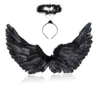YeahBoom 60 cm, ailes d'ange noires avec halo, costume pour femmes et filles, fêtes de carnaval, déguisement