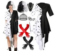 YeahBoom Cruella De Vil Femme Costume Halloween, Set avec Gants, Dentelle Masque, Collier de Perles et Bonnet de Perruque, Support de Cruella, Carnaval Femme pour Carnaval Cosplay Mascarade (L)
