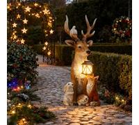 YeahBoom Décoration de Noël cerf avec lanterne LED, figurines de jardin en résine, décoration de jardin, figurines d'élan, 32 x 14 x 17 cm, Marron