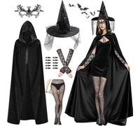 YeahBoom Deguisement Sorciere Femme, Chapeau et Cape Femmes, Costume de Sorcière pour Femme avec Chapeau,Cape,Masques en Dentelle,Gants, Costume Robe d'Halloween pour Carnaval,Cosplay (Set 2)