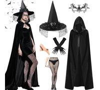 YeahBoom Deguisement Sorciere Femme, Chapeau et Cape Femmes, Costume de Sorcière pour Femme avec Chapeau,Cape,Masques en Dentelle,Gants, Costume Robe d'Halloween pour Carnaval,Cosplay (Set 4)