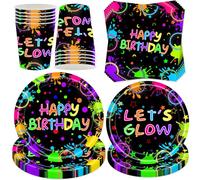 YeahBoom Happy Brithday - Lot de 50 pièces de vaisselle de fête fluo - Accessoires de fête d'anniversaire - Avec assiettes, gobelets, serviettes - Vaisselle de fête pour 10 invités