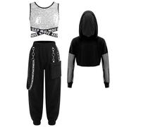 YEAHDOR 3pcs Ensemble Danse Hip-Hop Enfant Fille Crop Top Sweat à Capuche Manches Longues et Débardeur Sport Yoga et Pantalon Cargo Tenue Danse Jazz Streetwear Argent et Noir 11-12 ans