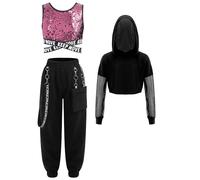 YEAHDOR 3pcs Ensemble Danse Hip-Hop Enfant Fille Crop Top Sweat à Capuche Manches Longues et Débardeur Sport Yoga et Pantalon Cargo Tenue Danse Jazz Streetwear Rose 9-10 ans