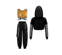 YEAHDOR 3pcs Ensemble Danse Hip-Hop Enfant Fille Crop Top Sweat à Capuche Manches Longues et Débardeur Sport Yoga et Pantalon Cargo Tenue Danse Jazz Streetwear Or 9-10 ans