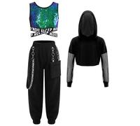 YEAHDOR 3pcs Ensemble Danse Hip-Hop Enfant Fille Crop Top Sweat à Capuche Manches Longues et Débardeur Sport Yoga et Pantalon Cargo Tenue Danse Jazz Streetwear Vert 11-12 ans