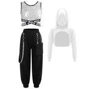YEAHDOR 3pcs Ensemble Danse Hip-Hop Enfant Fille Crop Top Sweat à Capuche Manches Longues et Débardeur Sport Yoga et Pantalon Cargo Tenue Danse Jazz Streetwear Argenté 5-6 ans