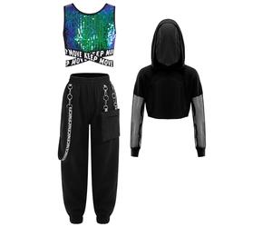 YEAHDOR 3pcs Ensemble Danse Hip-Hop Enfant Fille Crop Top Sweat à Capuche Manches Longues et Débardeur Sport Yoga et Pantalon Cargo Tenue Danse Jazz Streetwear Vert 11-12 ans