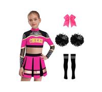 YEAHDOR 5Pcs Déguisement Pompom Girls Enfant Fille Uniforme Pom-pom Girl Cosplay Carnaval Halloween Tenue de Pompom Girl Cheerleading 5-16 Ans Rose vif 5-6 ans