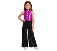 YEAHDOR Costume Danse Jazz Enfant Fille Tenue Gymnastique Costume Danse Moderne Disco Hip Hop Déguisement Années 70 Rose vif 13-14 ans