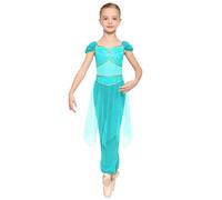 YEAHDOR Déguisement Arabe Princesse Fille Cosplay Princesse Arabian Costume Belly Dance Tulle Paillette Combinaison Costume halloween Cosplay Carnaval Bleu Vert 5-6 ans
