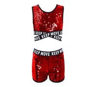 YEAHDOR Enfants Filles 2PCS Ensembles avec Sequins Gilet Court sans Manches et Short Court à Ceinture Élastique Tenues de Décontractés Dancewear 4-16 Ans Rouge 10 Ans