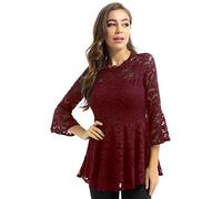 YEAHDOR Femme Chemisier Élégant Col Festonné de Dentelle 3/4 Manches Basque Évasée Blouse Top Style Romantique Été Printemps Casual Couleur Unie S-XL Bordeaux L