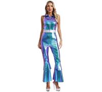 YEAHDOR Femme Déguisement Disco Costume Disco Style Années 70 Combinaison de Danse 80s Costume Hippie Métallique Brillant sans Manche Costume Carnaval Halloween S-3XL Bleu M