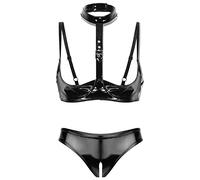 YEAHDOR Femme Ensemble Lingerie Nuit Redresse-Sein Bra Top Sexy Sein Nue et String Biefs Ouvert Nuisette Érotique sous-vêtement de Nuit Ensemble Pyjama Sexuel S-4XL Noir U M