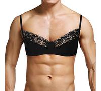 YEAHDOR Lingerie Homme Sexy Dentelle sous-Vêtement Soutien-Gorge Bra Top Camisole Transparent Maillot de Corps M-XXL Noir L
