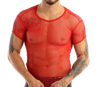 Yeahdor T-Shirt Transparent Homme Tank Top Résille Col V Tee-Shirt Maillot de Corps Sport Fitness Musculation Été Clubwear M-3XL Rouge M