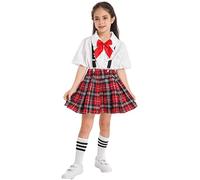 YEAHDOR Tenue Ecolière Enfant Fille Uniforme Scolaire Chemise Cravate+ Jupe Ecossaise à Carreaux Déguisement Fête Carnaval 4-14 Ans Blanc 4-5 Ans