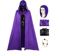 YEAJION Raven Cape Déguisement Costume Femme Cosplay Animation Teen Titans Raven Noir Sexy Collants Uniformes et Ceintures pour Adulte Halloween Carnaval Noël Fête Anniversaire Cadeaux Violet Manteau