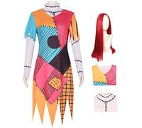 YEAJION Sally Déguisement Adulte Cosplay Film Jack Skellington Squelette Mariée Imprimés Robe Chemise et Perruque pour Femmes Halloween Fête Fancy Carnaval Cadeau Dress Up Hauteur 150-180cm