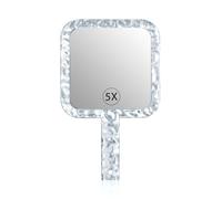YEAKE Miroir à main double face grossissant 1X/5X avec poignée pour maquillage, miroir de rasage avec trou de suspension, acrylique, 15,5 cm de large x 25,4 cm de long, forme carrée, transparent 1