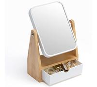 YEAKE Miroir de Maquillage avec Rangement Double Face 1X/3X, Support en Bambou Naturel réglable, Miroir de Table Portable Petit avec Organisateur pour Bureau (Rectangulaire)