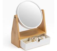 YEAKE Miroir de Maquillage avec Support en Bambou Naturel, Double Face (1X/3X grossissement) avec Rangement, Petit Miroir Portable pour Bureau ou Salle de Bain, idéal pour Le Rasage (Rond)