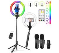Yeaki Kit de vlogging pour iPhone/Android - Anneau lumineux à selfie de 10" avec trépied de 188 cm et support de téléphone, trépied pour iPhone avec lumière et microphone, kit de démarrage YouTube