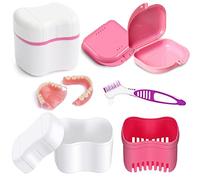 YEAPEAK boîte de prothèse, panier porte-brosse de prothèse, Boîte à Dentier, étuis de prothèse avec brosses de nettoyage de prothèse, pour le nettoyage du stockage des fausses dents.rose