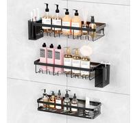 YEAPUPE PRO Lot de 5 étagères de douche adhésives sans trous - 2 étagères, 1 grand panier et 2 porte-brosses à dents noir mat - Montage invisible, anti-rouille