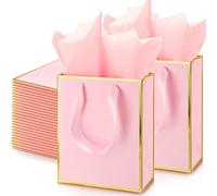 Yeaqee Lot de 50 sacs cadeaux métalliques avec poignée et papier de soie - Sacs de remerciement en feuille d'or pour Thanksgiving, Noël, mariage, cadeaux 5 sens - 22,9 x 17,8 x 8,9 cm (rose doré)