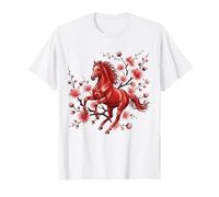 Year of The Horse Chinese Zodiac Rearing Red Floral Sakura T-Shirt