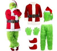 Yearsahrk Costume de Monstre Vert pour Adultes, 7 Pièces, Costume de Père Noël, Costume de Monstre, Tenue de Cosplay pour Noël et Halloween, Accessoires