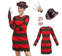 Yearsahrk Costume Freddy Krueger 4 pièces pour femme - Robe en tricot - Bonnet - Gants - Autocollant cicatrice - Halloween - Costume de carnaval
