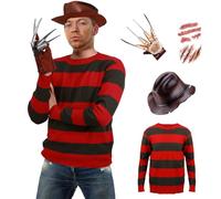 Yearsahrk Freddy Krueger Costume 4 pièces - Costume de cauchemar - Pull rayé - Masque effrayant - Gant avec griffe - Chapeau de cowboy - Halloween - Cosplay pour adultes - Taille M