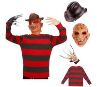 Yearsahrk Freddy Krüger Costume pour enfant 4 pièces - Elm Street Freddy Krueger - Masque rayé - Pull à gants - Chapeau de carnaval - Halloween