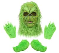 Yearsahrk Lot de 3 masques de monstres - Costume de Noël - Vert - Masque de monstre - Bonnet de Noël - Gants - Couvre-chaussures - Carnaval - Halloween - Costume en latex