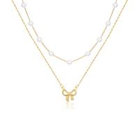 YEATMUE Collier de perles dorées et collier nœud pour femme, colliers de perles d'eau douce, chaîne ras du cou superposée, joli petit nœud, bijoux tendance pour femme, bijoux mignons cadeaux