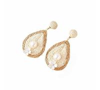YEATMUE Élégantes boucles d'oreilles en forme de goutte d'eau avec petite fleur, boucles d'oreilles bobo faites à la main en raphia enveloppées de paille pour femme, bijoux de plage, cadeaux pour