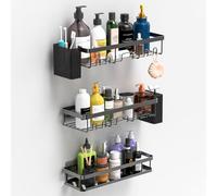 YEAUPE PRO Étagère de douche sans perçage - 5 pièces - Noir - Avec 2 étagères de douche, 1 grand panier de douche et 2 porte-brosses à dents - Montage adhésif invisible