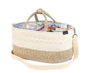 YeaYee Organisateur de panier à couches pour bébé, panier de rangement pour chambre d'enfant avec 3 compartiments, toile 100% coton, panier à langer portable, cadeau pour nouveau-né