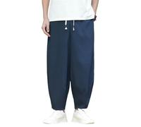 YEBAITOU Hommes Été Léger Style Chinois Soie Glace Décontracté Jambe Large Pantalon à Neuf Points Lanterne Sarouel, bleu marine, L