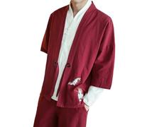 YEBAITOU Hommes Style Chinois Manches Sept Quarts Hanfu Traditionnel Fente Latérale Simple Chemise Zen Rurale, B-wine, M